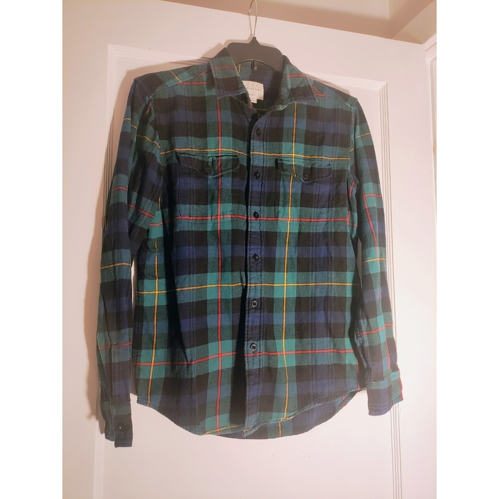 American Eagle Men's Classic Fit Teal Blue Green Plaid Flannel Shirt Sz M
